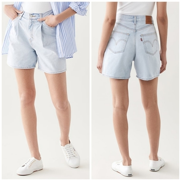 Levi's Ribcage Shorts Pleated Rigid Denim Jeans Wide Loose High Waisted - Picture 4 of 6